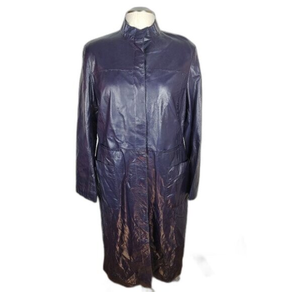 Retro Danier Purple Full Length Leather Coat  Lined Stand-up Collar Size 12 Y2K - Picture 1 of 13